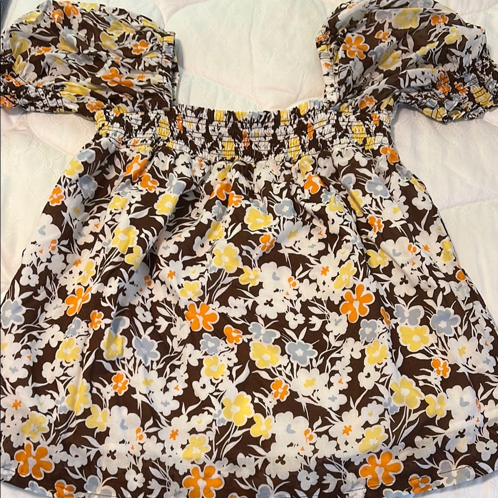 Tory Burch Brown and Yellow Puff-Sleeve Blouse